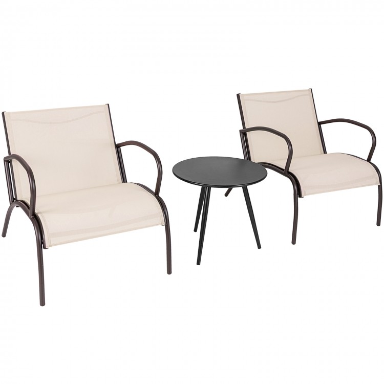 Two Rusic Brown wide armchairs with a side table, featuring breathable fabric, perfect for outdoor relaxation.
