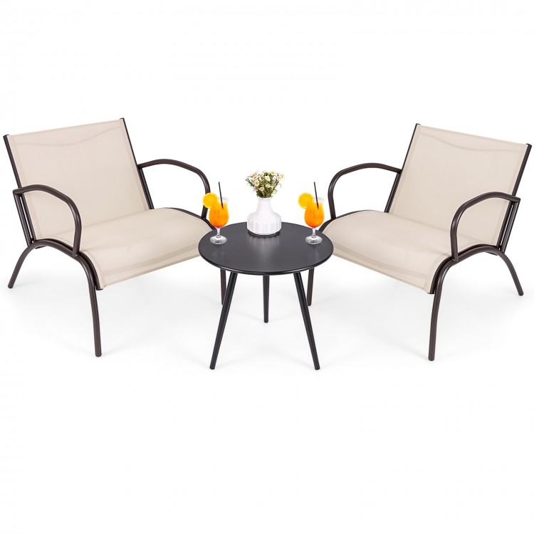 Two wide armchairs with a side table in rustic brown, perfect for outdoor relaxation by the poolside or balcony.