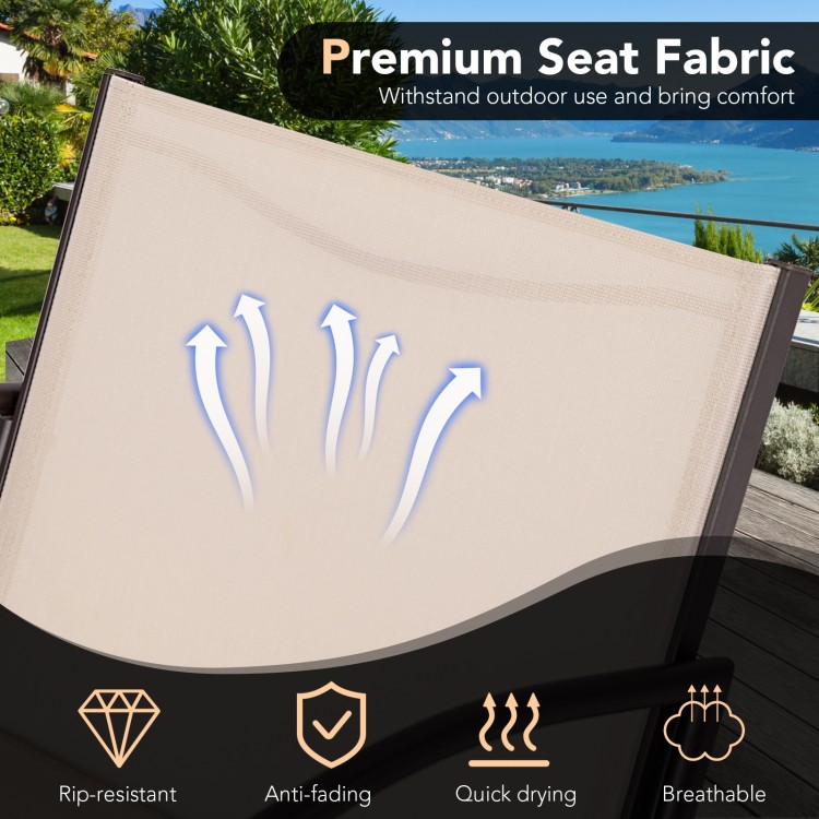 Close-up of breathable seat fabric showcasing rip-resistant and quick-drying features for outdoor patio use.