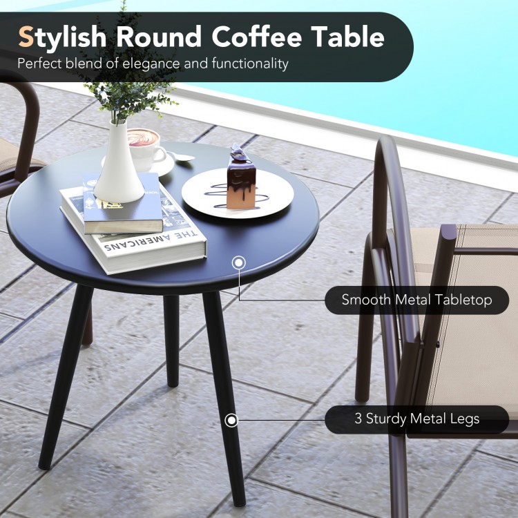 Round coffee table with smooth metal tabletop and sturdy legs, perfect for outdoor patio use with armchairs.