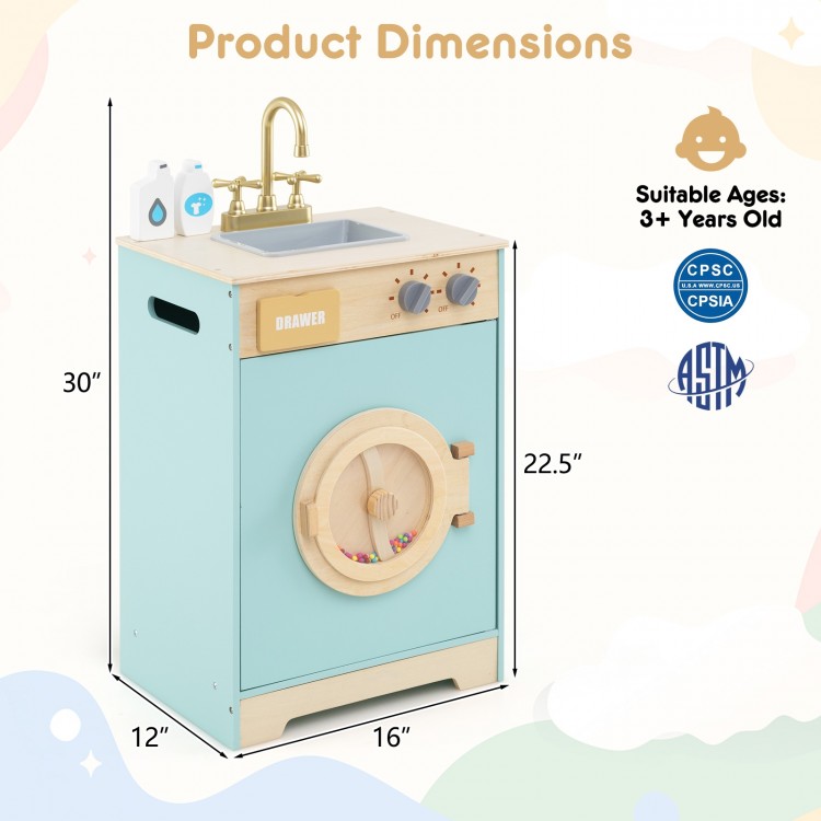 Kids washer playset toy in blue with rotating wheel, detergent drawer, and knobs for imaginative laundry play.