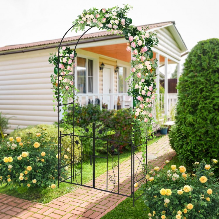 Garden arbor with a decorative arch and double-door gate, perfect for climbing plants and outdoor privacy.