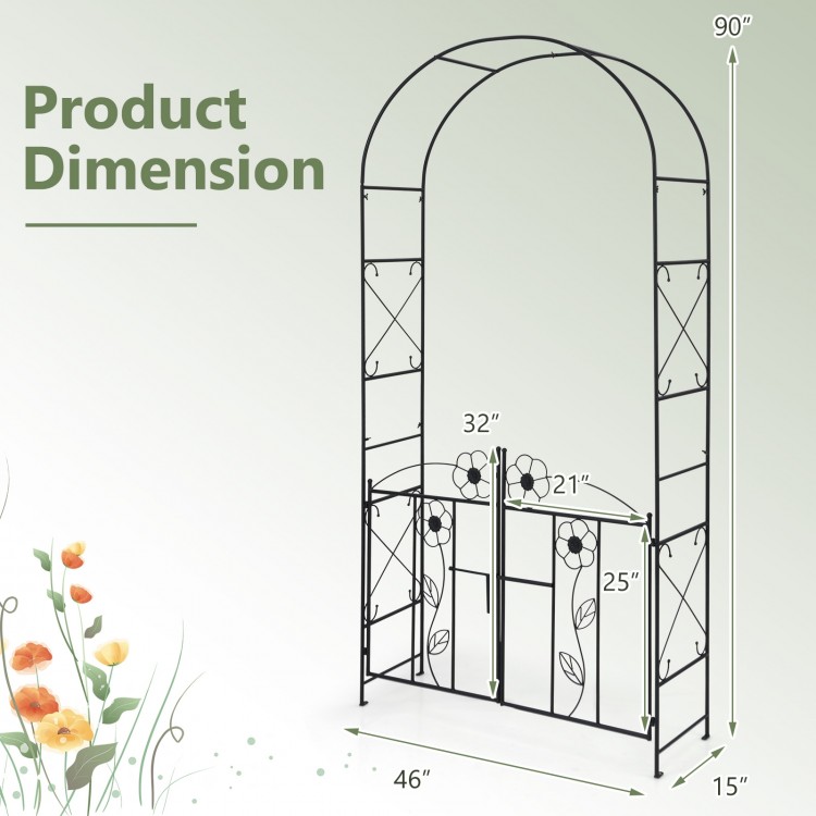 Garden arbor with decorative arch and double-door gate, made of black galvanized metal for outdoor use and plant.