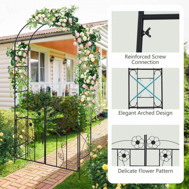 Garden arbor with arched design and double-door gate, made of black galvanized metal for outdoor use and plant support.