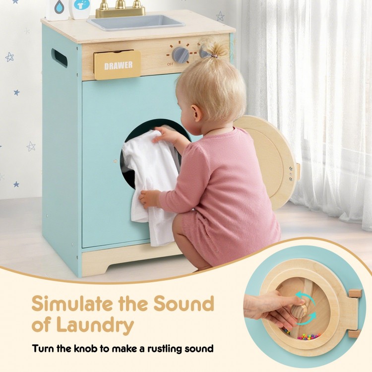 Kids washer playset toy in blue with rotating knobs and detergent drawer, perfect for imaginative laundry play.