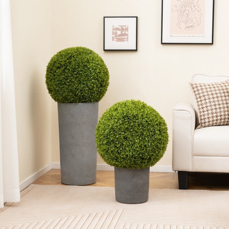 Two pieces of 20-inch artificial topiary spheres in concrete planters, perfect for patio or balcony decoration.