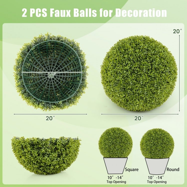 20-inch round artificial topiary sphere made of sun-protective PE leaves, ideal for patio and garden decoration.