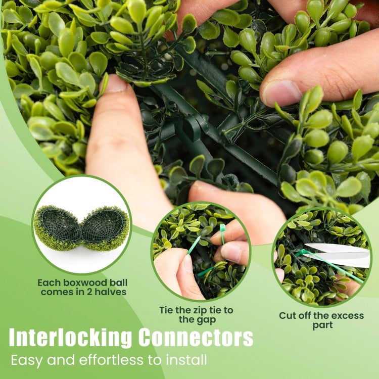Artificial boxwood topiary spheres with interlocking connectors for easy installation, perfect for patio and garden.