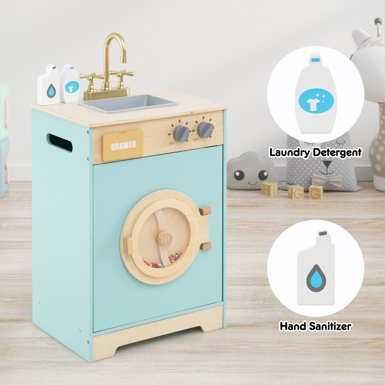 Kids washer playset toy in blue with rotating wheel, detergent drawer, and knobs for imaginative play. Perfect for ages.