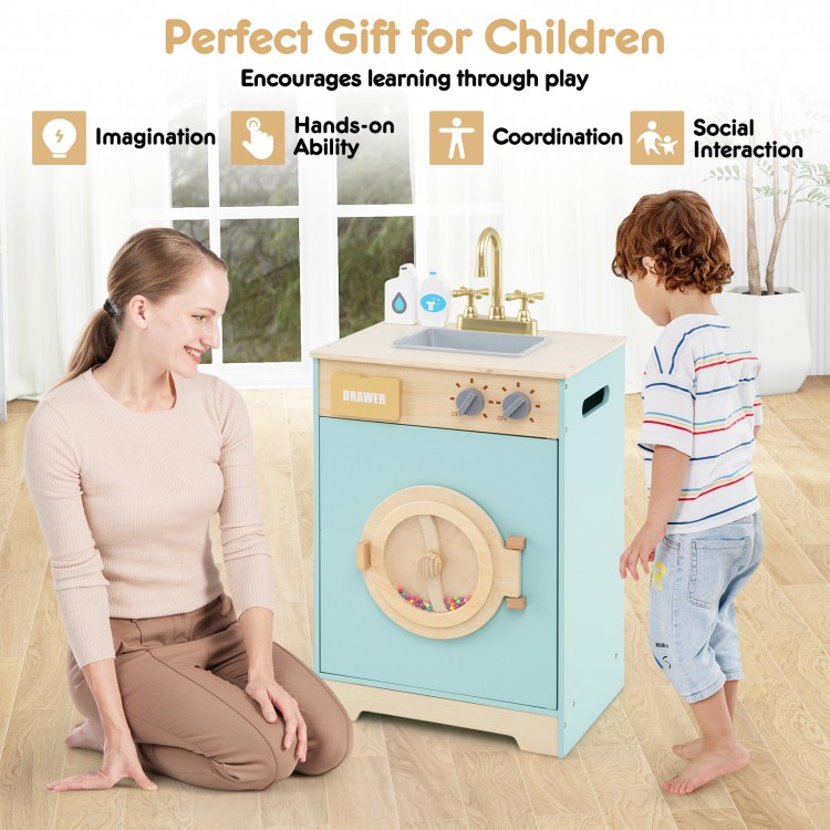 Kids washer playset toy in blue with rotating wheel, detergent drawer, and knobs, perfect for imaginative play.