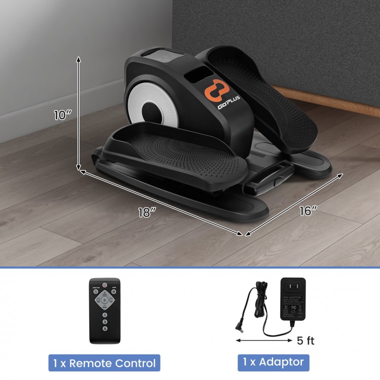 Under desk elliptical machine in black with remote control, designed for discreet exercise and easy storage.