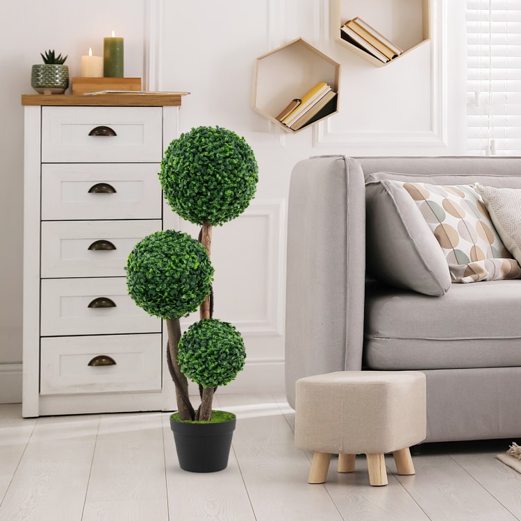 Artificial 36-inch tall boxwood topiary tree with three lush balls in a sturdy pot, perfect for home or office decor.