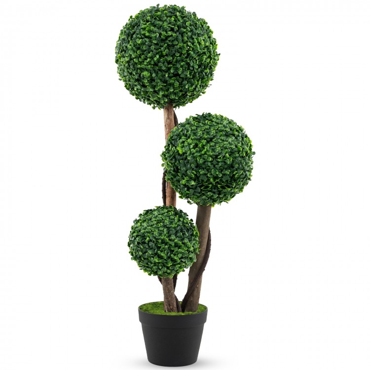 Artificial boxwood topiary tree with three lush green balls in a sturdy pot, perfect for home or office decoration.