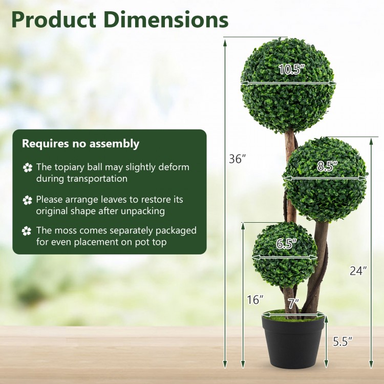 36-inch tall artificial boxwood topiary tree with three balls, ideal for home or office decoration, no assembly.