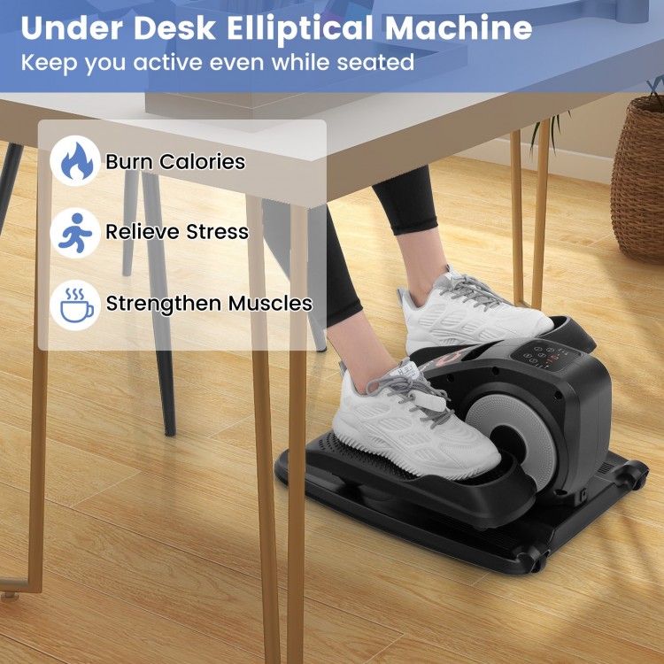 Under desk elliptical machine in black with display monitor, designed to strengthen muscles and promote blood.