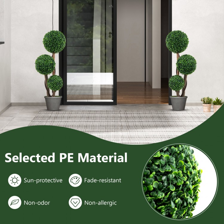 36-inch tall artificial boxwood topiary tree with three balls in a pot, made of fade-resistant PE material for outdoor.