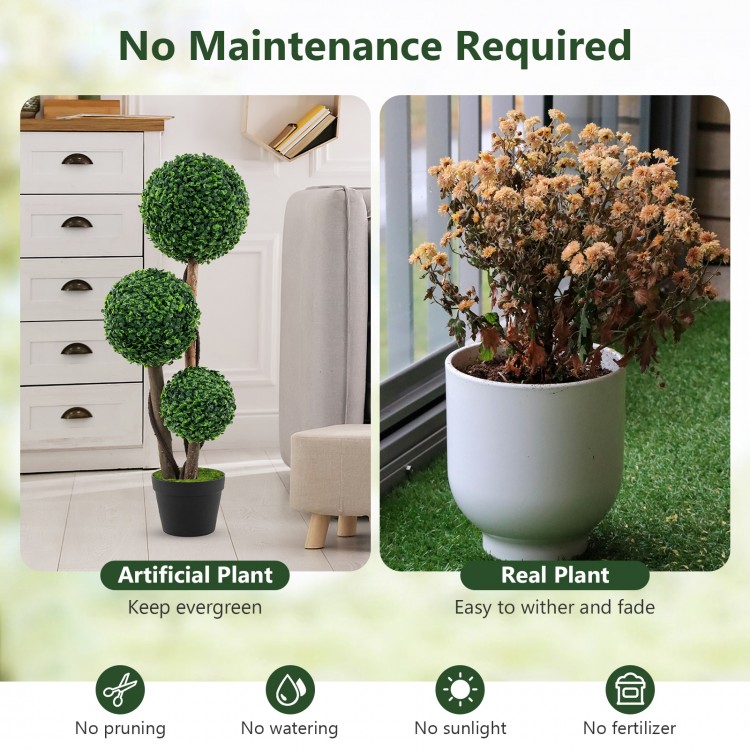 36-inch tall artificial boxwood topiary tree in pot, featuring three lush balls, ideal for home or office decor.