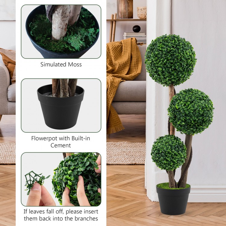 36-inch tall artificial boxwood topiary tree with three balls in a sturdy pot, perfect for home or office decoration.
