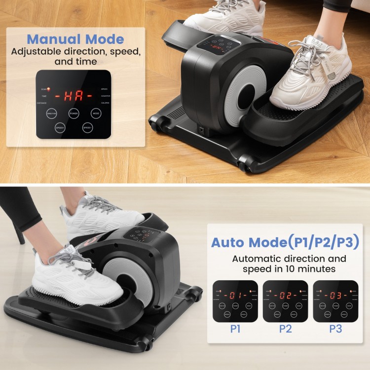 Under desk elliptical machine in black with display monitor, featuring adjustable speeds for tailored workouts at home.