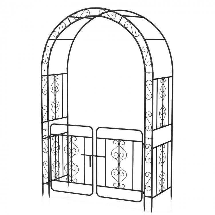 Garden arbor with gate in black, featuring elegant flower decorations and reinforced crossbars for climbing plants.