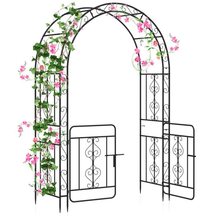 Garden arbor with gate in black, featuring elegant flower decoration and sturdy galvanized metal for outdoor use.
