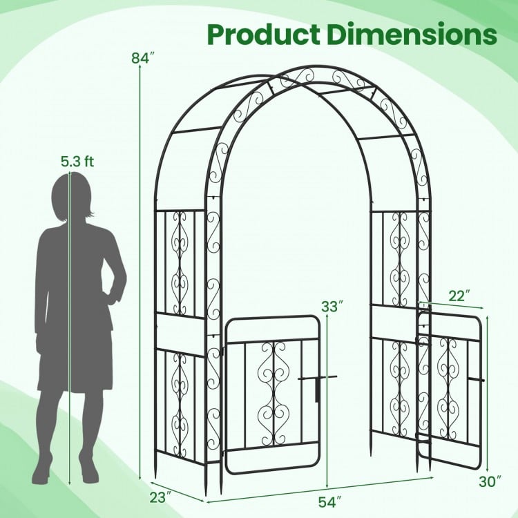 Garden arbor with gate featuring elegant flower decorations, sturdy galvanized metal, and dimensions for climbing.