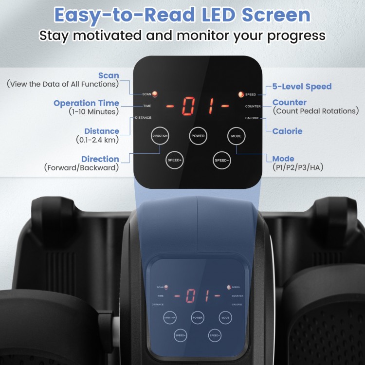 Clear display monitor of the Under Desk Elliptical Machine showing speed, time, distance, and calories for home office.