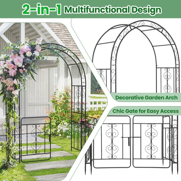 Garden arbor with gate in black, featuring elegant flower decoration and reinforced crossbars for stability in outdoor.