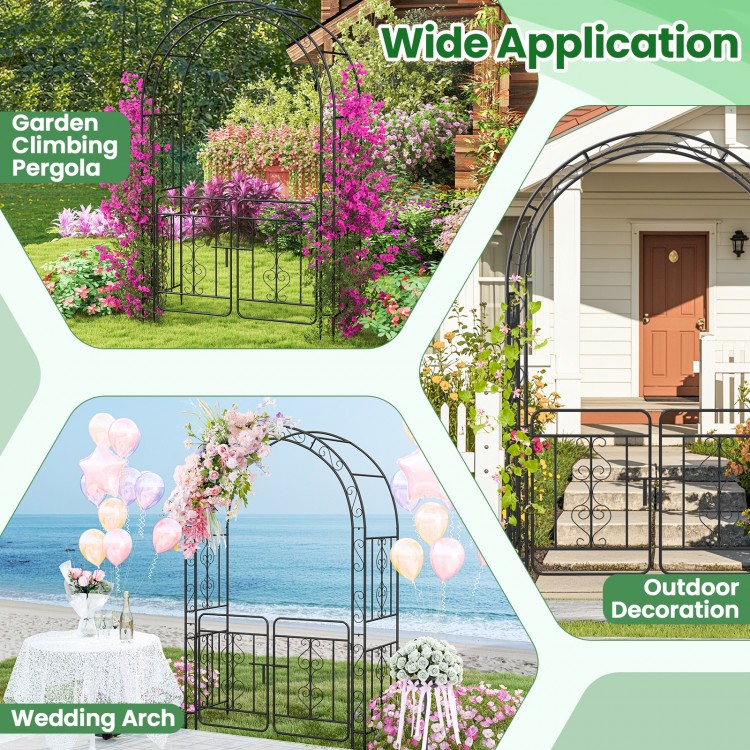 Garden arbor with gate in black, featuring multiple crossbars and stakes, ideal for weddings and climbing plants.