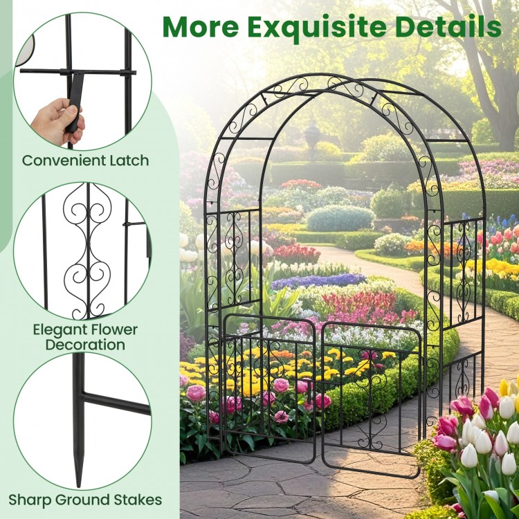 Garden arbor with gate featuring elegant flower decoration, sturdy galvanized metal, and sharp ground stakes for.