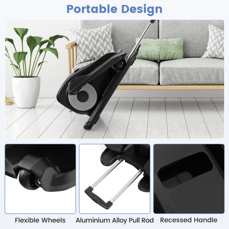 Under desk elliptical machine in black with flexible wheels and aluminium alloy pull rod for easy mobility and storage.