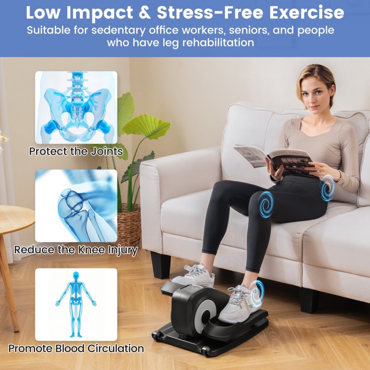 Under desk elliptical machine in black, designed for low-impact exercise, promotes blood circulation and burns calories.