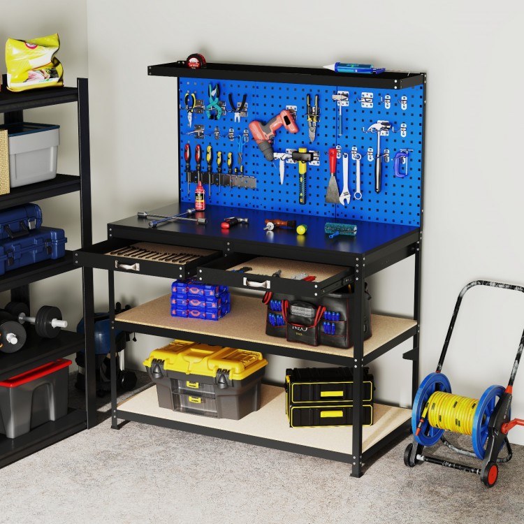 Workbench with navy pegboards, drawers, and shelves, perfect for home or garage organization and tool storage.