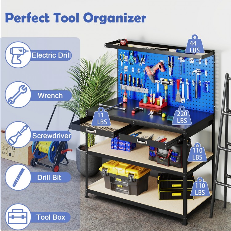 Workbench with navy finish, featuring 3 pegboards, drawers, and shelves for tool organization in garage or workshop.