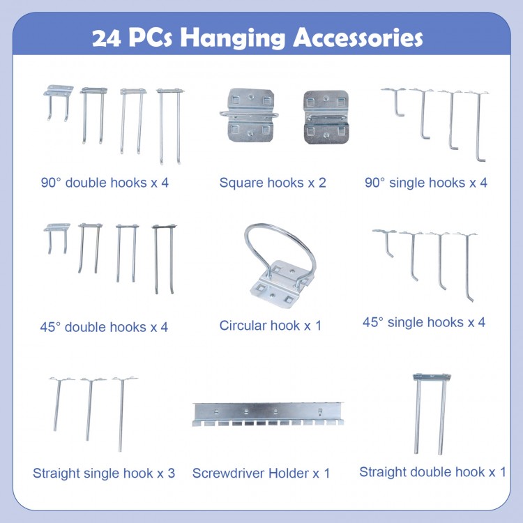 Set of 24 hanging accessories including various hooks and a screwdriver holder for versatile storage solutions.