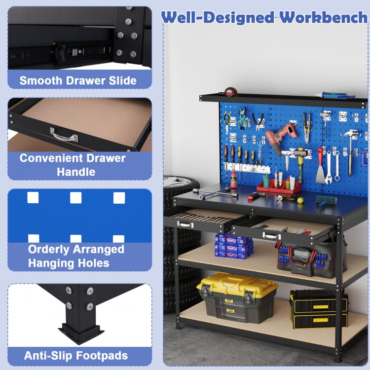Workbench with navy finish, featuring pegboards, drawers, and shelves for efficient garage or workshop organization.