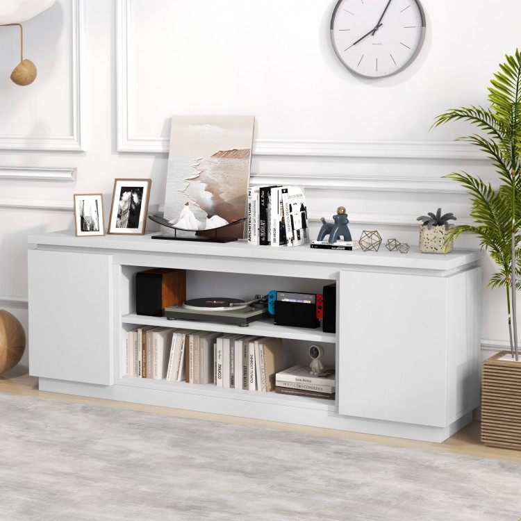 White TV cabinet featuring three adjustable shelves, ample display space, and anti-tipping kits for TVs up to 80 inches.