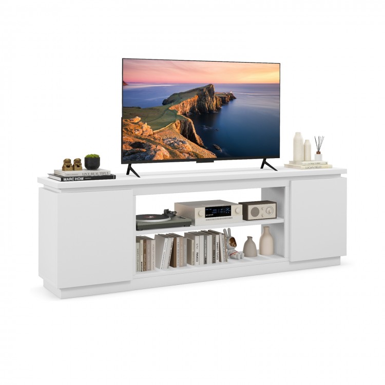 White TV cabinet featuring three adjustable shelves and dual side cabinets, suitable for TVs up to 80 inches.