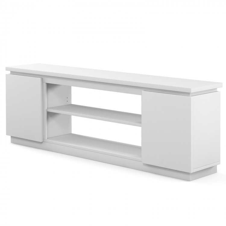 White TV cabinet featuring three adjustable shelves, dual side cabinets, and anti-tipping kits for TVs up to 80 inches.
