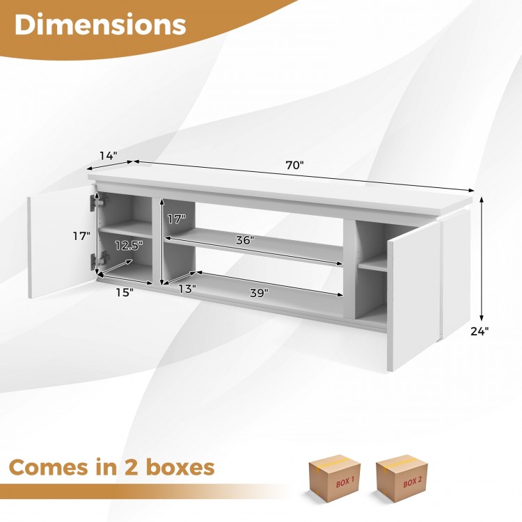 TV cabinet in white with dimensions, featuring 3 adjustable shelves and anti-tipping kits for TVs up to 80 inches.