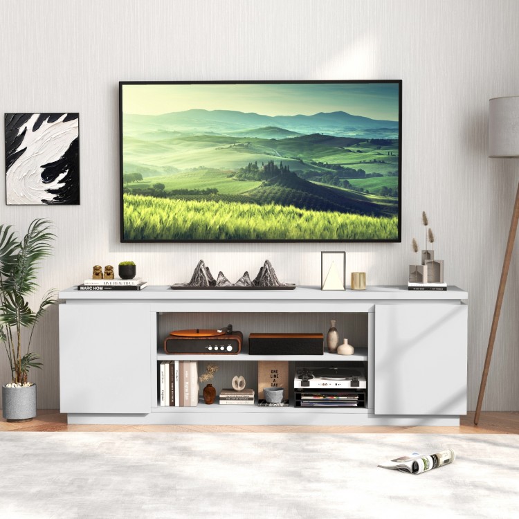 White TV cabinet with three adjustable shelves and dual side cabinets, perfect for TVs up to 80 inches in living room.
