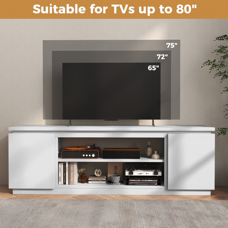 TV cabinet in white with adjustable shelves, suitable for TVs up to 80 inches, ideal for living room or bedroom use.
