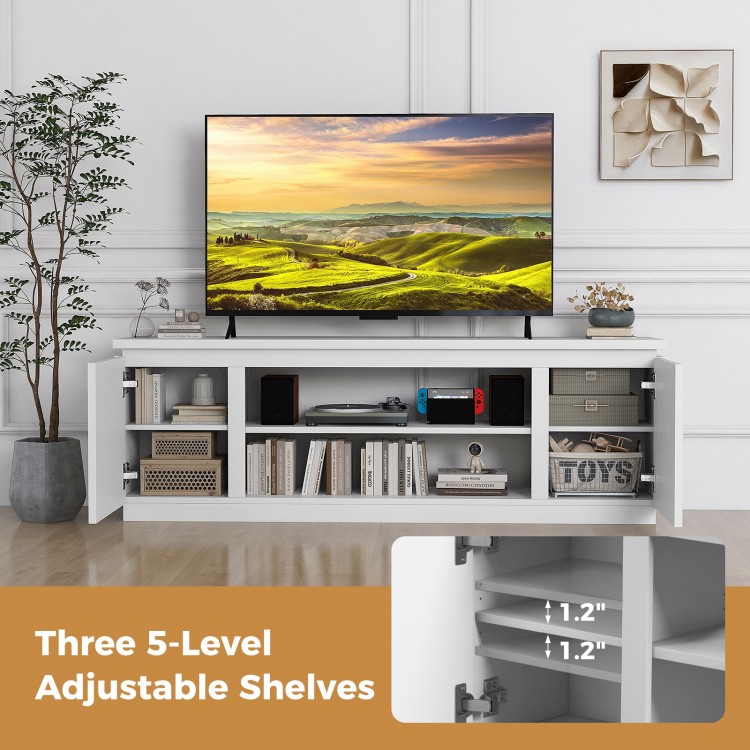 TV cabinet in white featuring three adjustable shelves, designed for TVs up to 80 inches, ideal for versatile living.