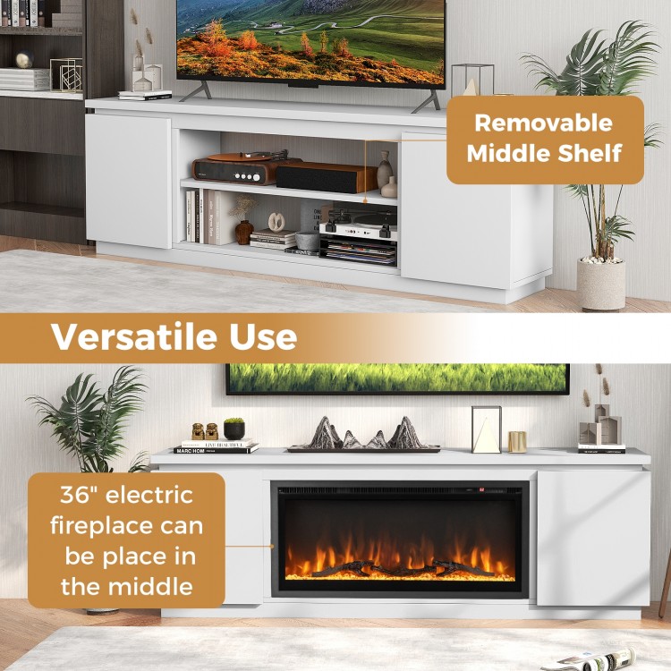 TV cabinet with adjustable shelves and removable middle shelf, designed for TVs up to 80 inches, ideal for versatile.