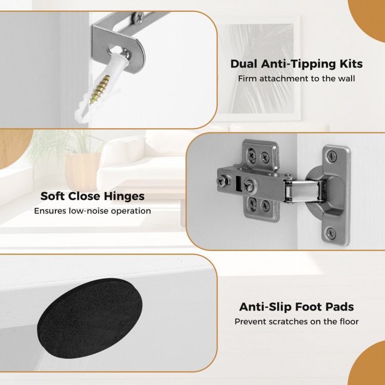 Close-up of soft close hinges and anti-slip foot pads on a white TV cabinet with anti-tipping kits for stability.