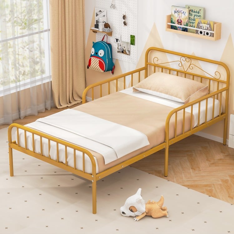Twin size gold bed frame with headboard, safety side guardrails, and under-bed storage for organized bedroom essentials.