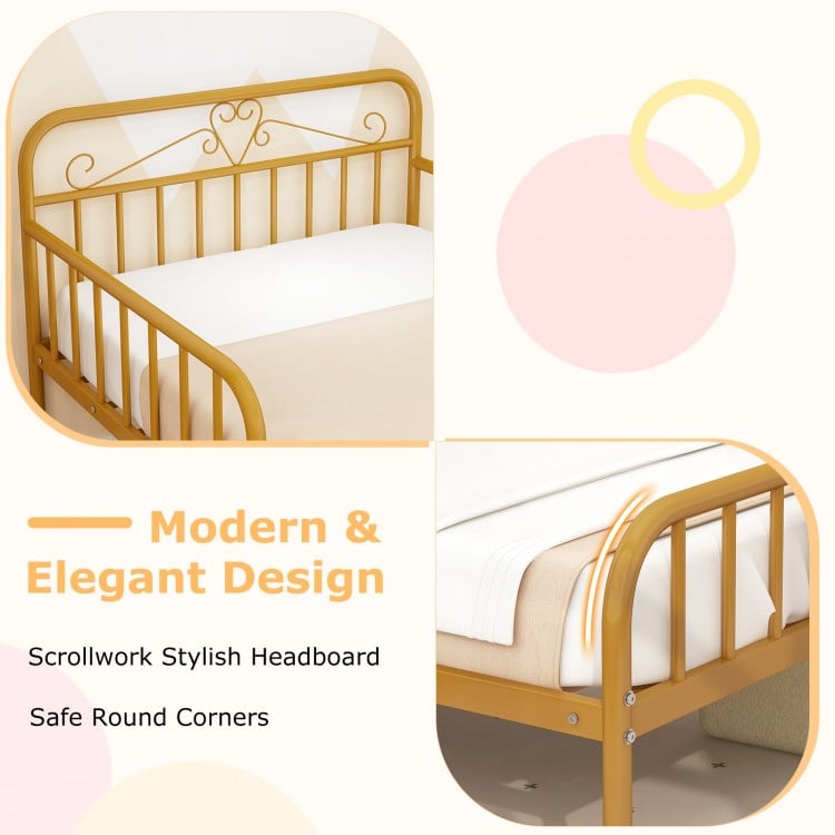 Twin size bed frame in gold with stylish headboard and safety side guardrails, featuring safe round corners for added.