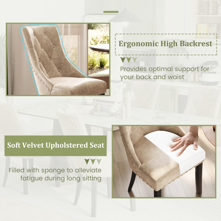 Tufted wingback dining chair with ergonomic high backrest and soft velvet seat, perfect for stylish dining spaces.