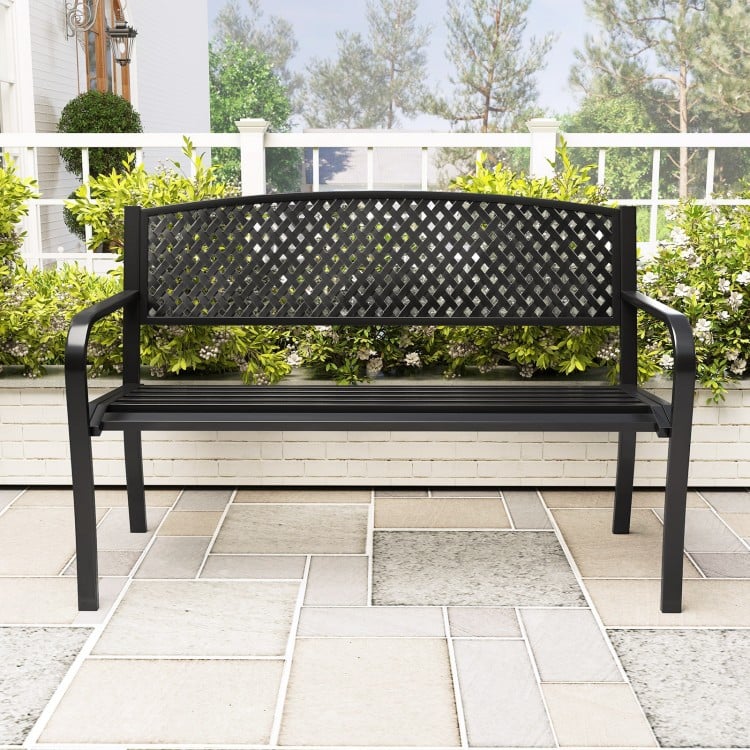 Black metal outdoor bench with high back, ergonomic seat, and curved armrests for garden or patio use.