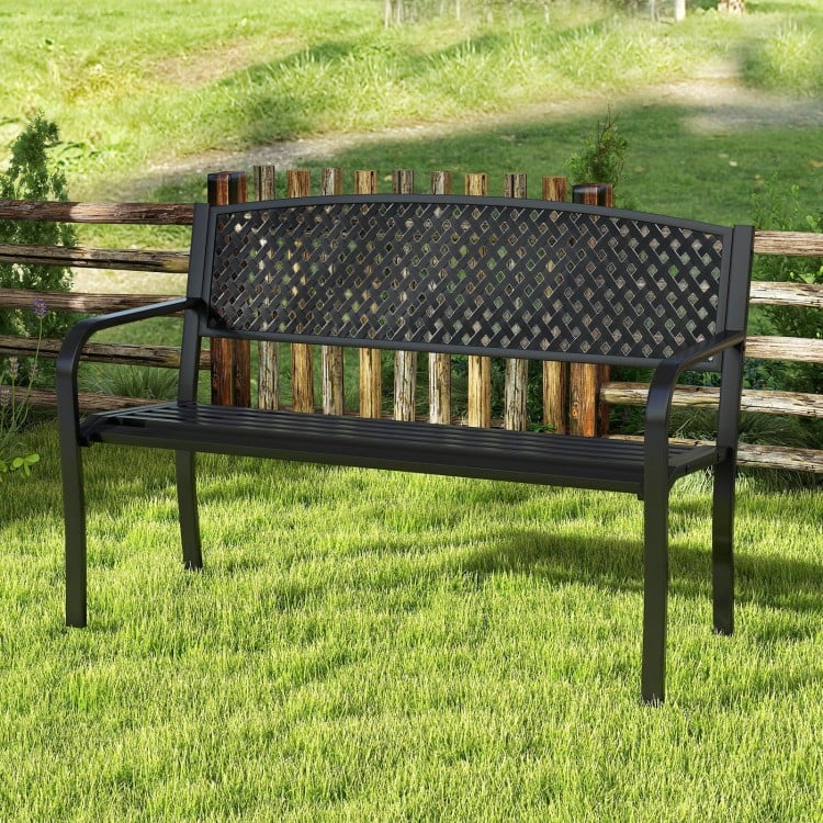Black metal outdoor bench with high back, ergonomic seat for 2-3 people, ideal for garden or patio use.